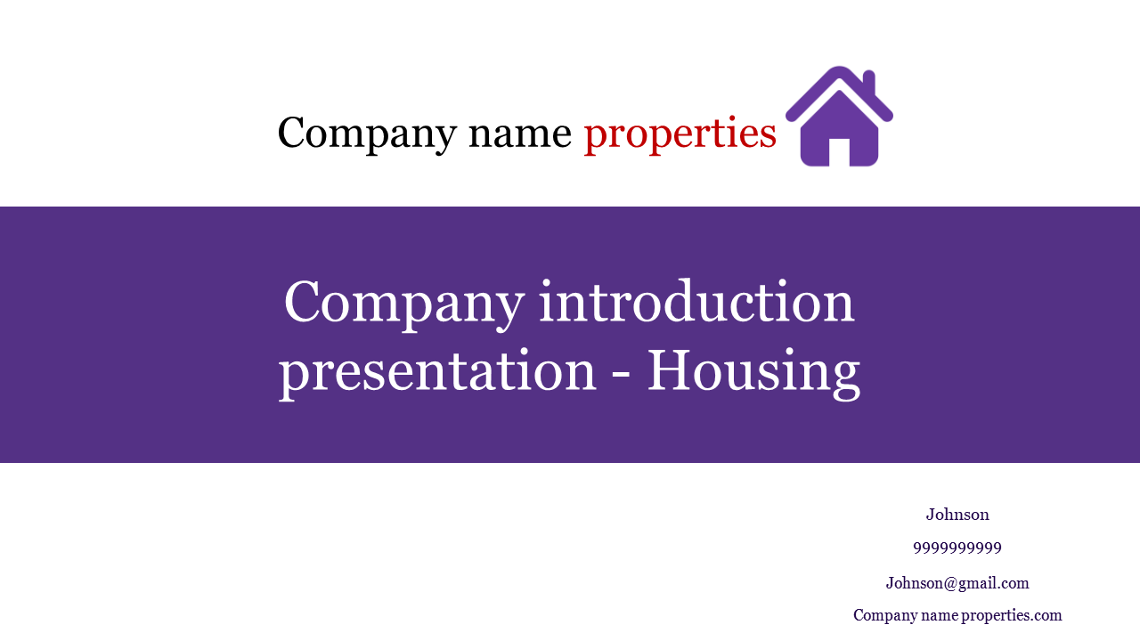 Company introduction slide for a housing business, featuring a purple banner with text, a house icon, and contact details.