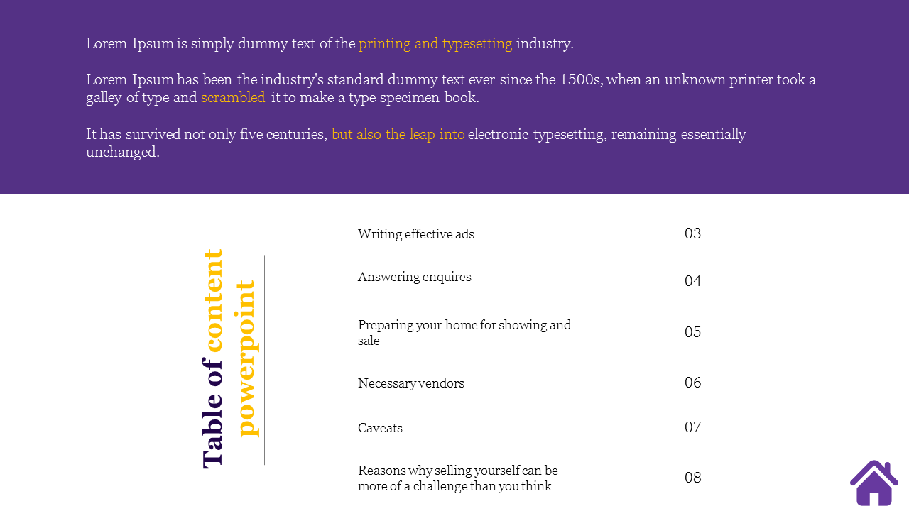 Slide featuring a purple header with a table of contents layout, highlighting various sections with bold text.