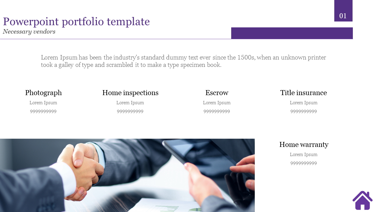 Professional portfolio slide with a clean design, listing key real estate service vendors, a purple theme, and a home icon.