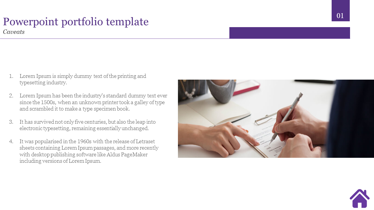 Portfolio slide with an imaage of two people discussing a document with a pen, and a purple header with text on the left.