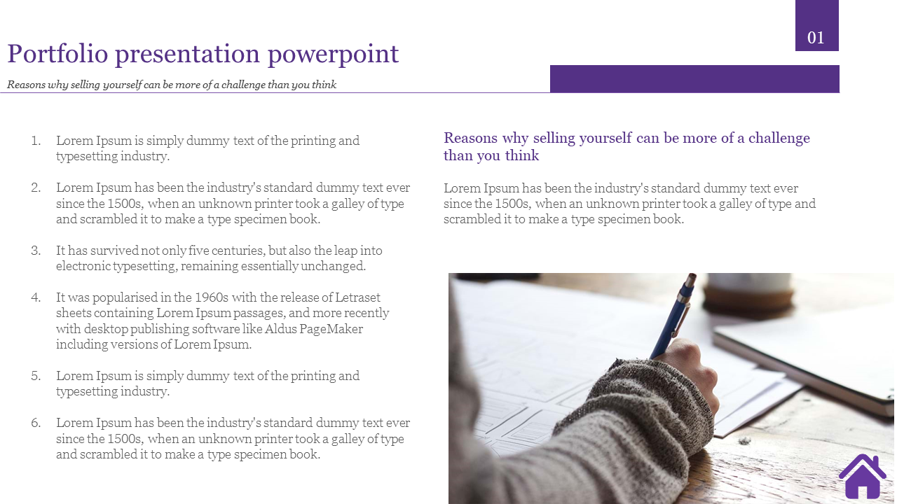 Portfolio PowerPoint slide with text listing reasons why selling yourself can be a challenge, featuring a hand holding a pen.