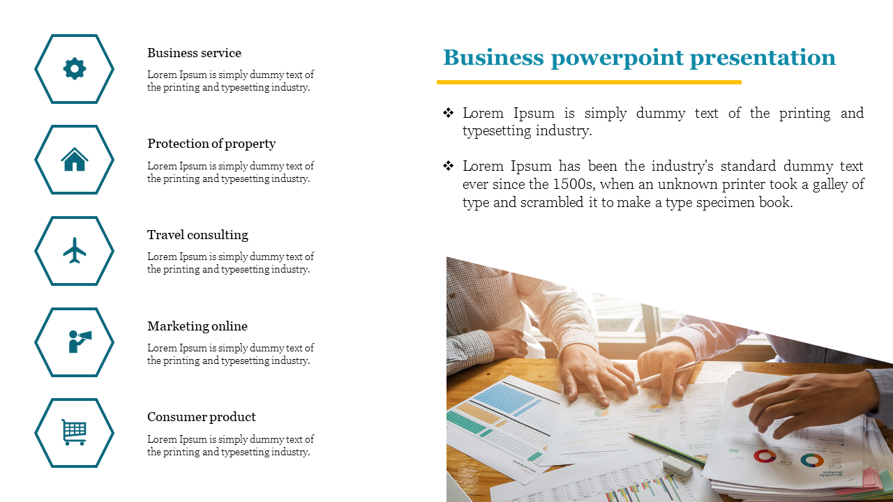 Business service icons in hexagons aligned vertically, paired with a text section and an office scene with financial charts.