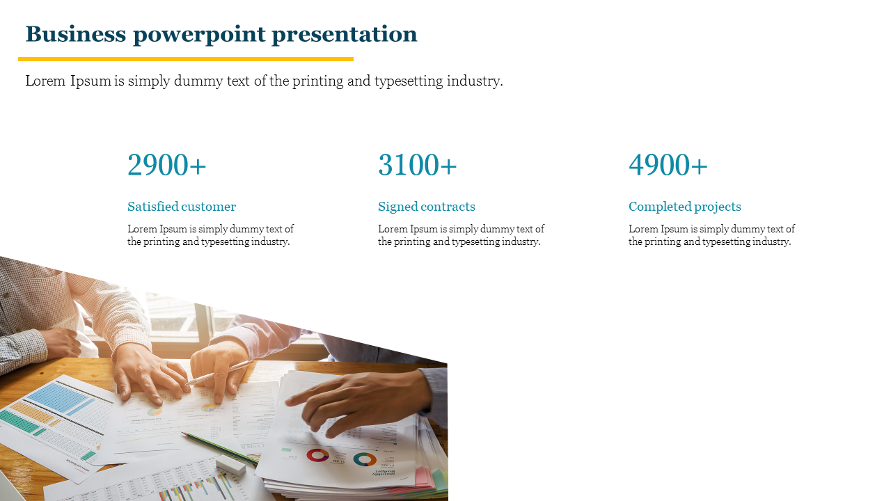 Slide with three teal business statistics data, paired with a photo of hands over paperwork.
