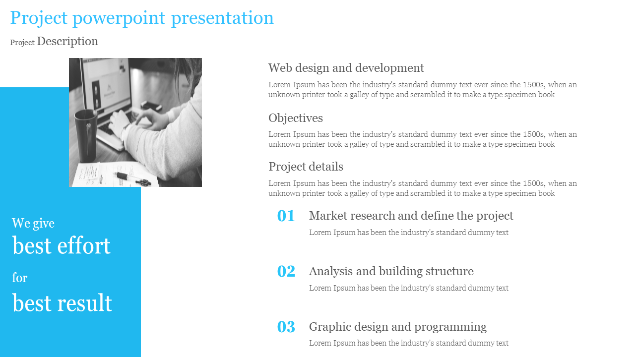 A person typing on a laptop with a coffee cup on the desk, combined with a project overview text layout and a blue sidebar.