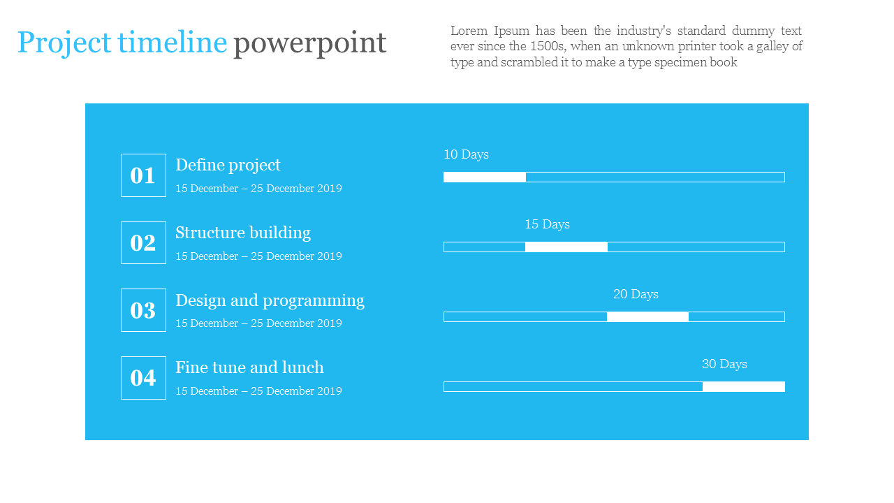 Slide displaying a project timeline with four phases and progress bars showing completion in days, on a blue backdrop.
