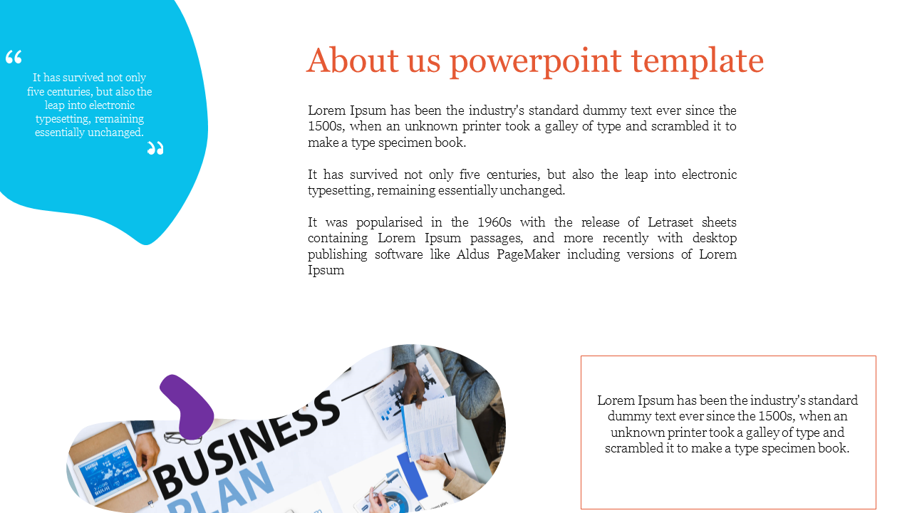 About us slide with an orange title, blue quote bubble on the left, and a business planning image at the bottom.
