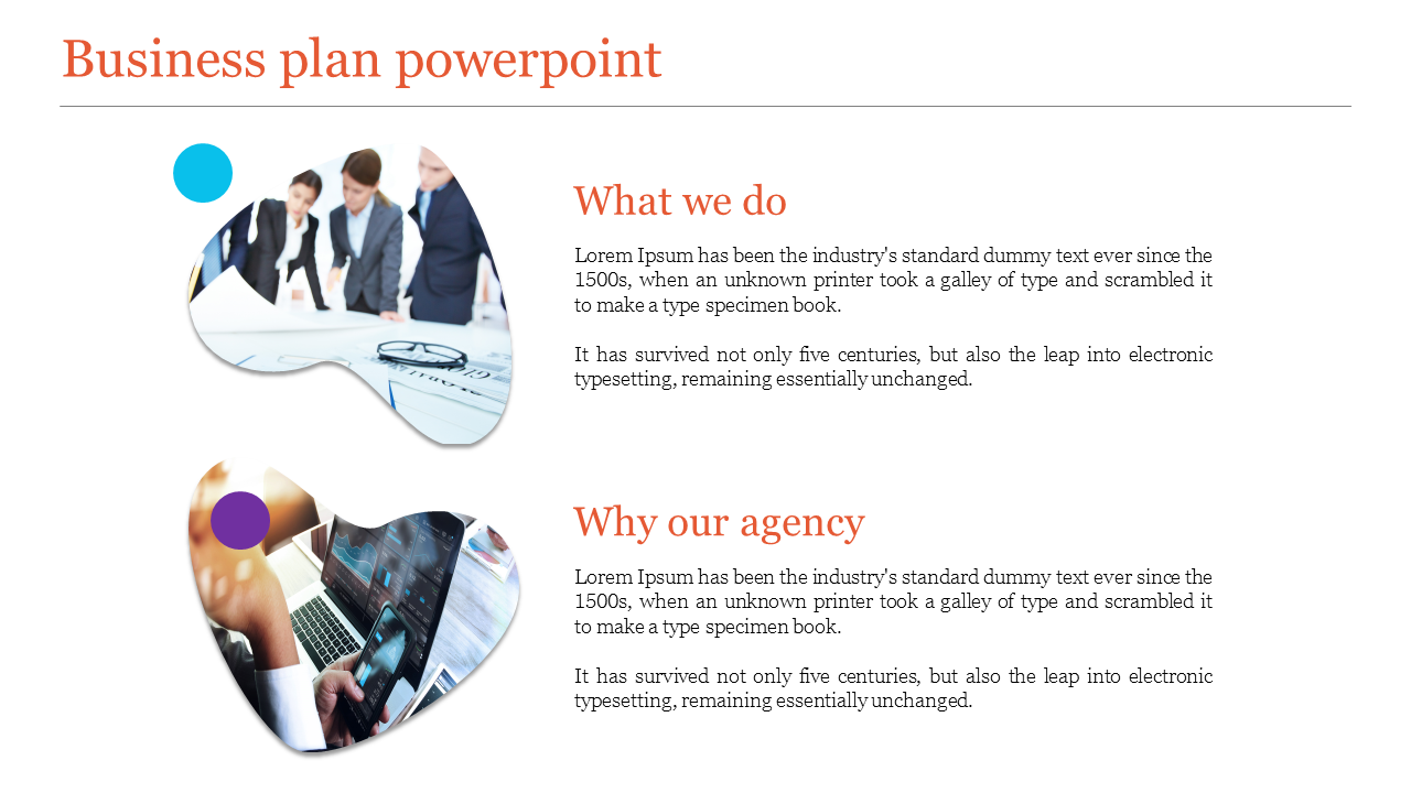 Slide with colorful abstract shapes, split into two sections featuring images of a team and laptop, with descriptions.