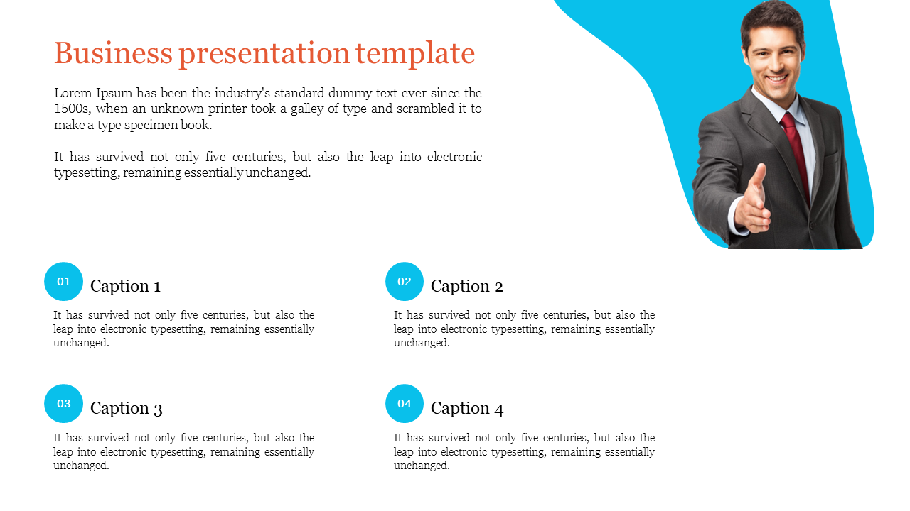 Business presentation template featuring four captions with icons and a man in a suit.