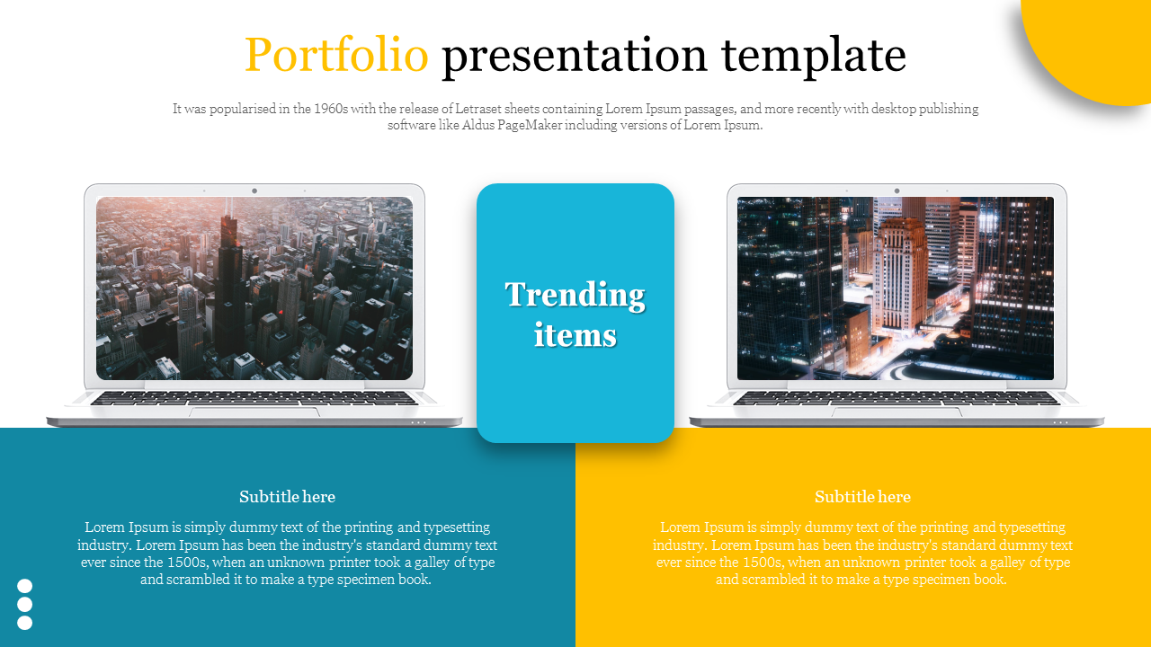 Portfolio template with two laptops displaying cityscapes, in blue and yellow text boxes, and vibrant design elements.