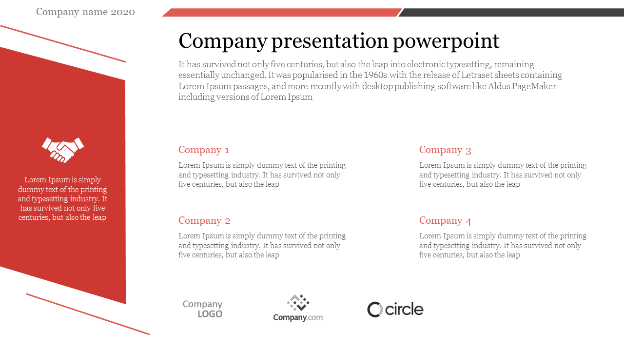 Company slide with a red sidebar featuring a handshake icon and text, four company sections, and three logo placeholders. 