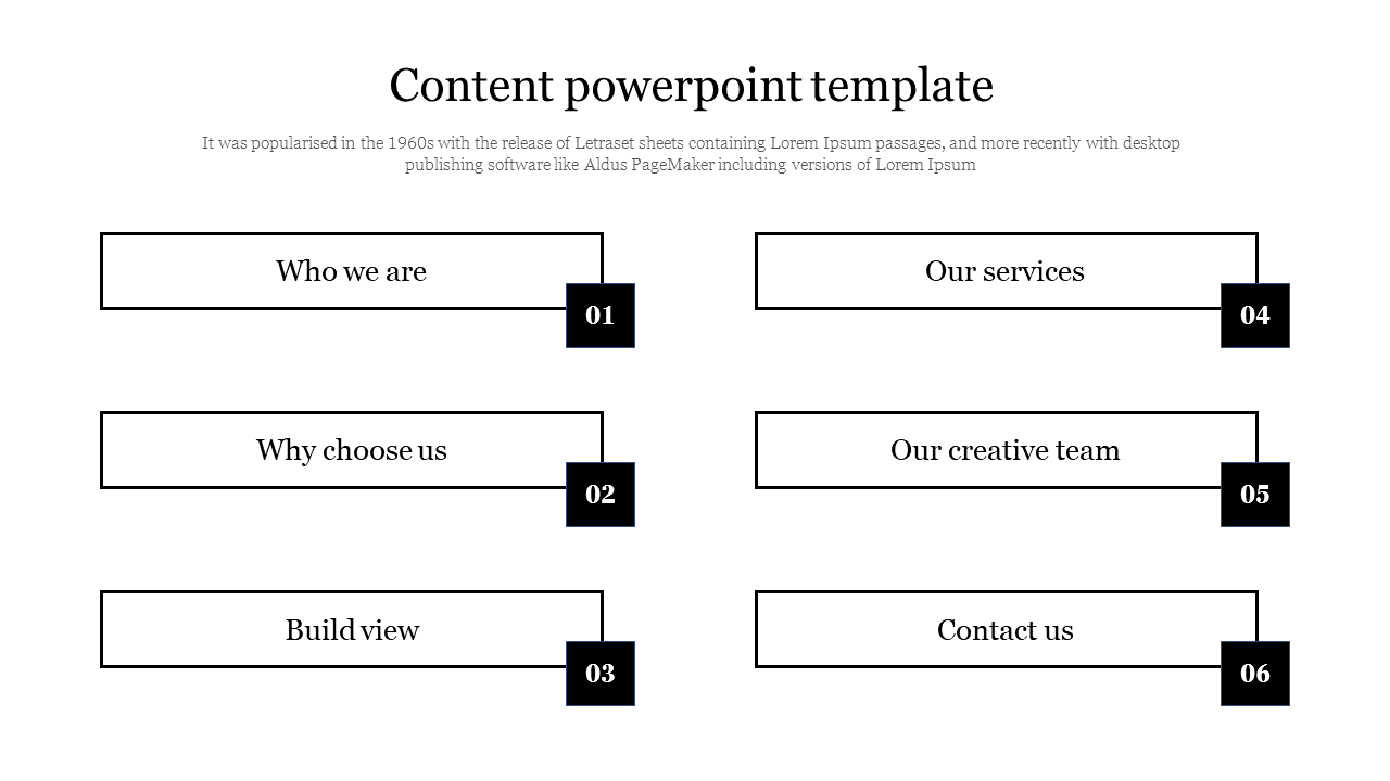 Content PPT slide with six sections Who we are, Why choose us, Build view, Our services, Our creative team, and Contact us.