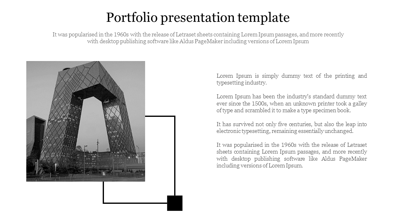 Portfolio template design with a grayscale image of a modern building, a title on top, and placeholder text on the right. 