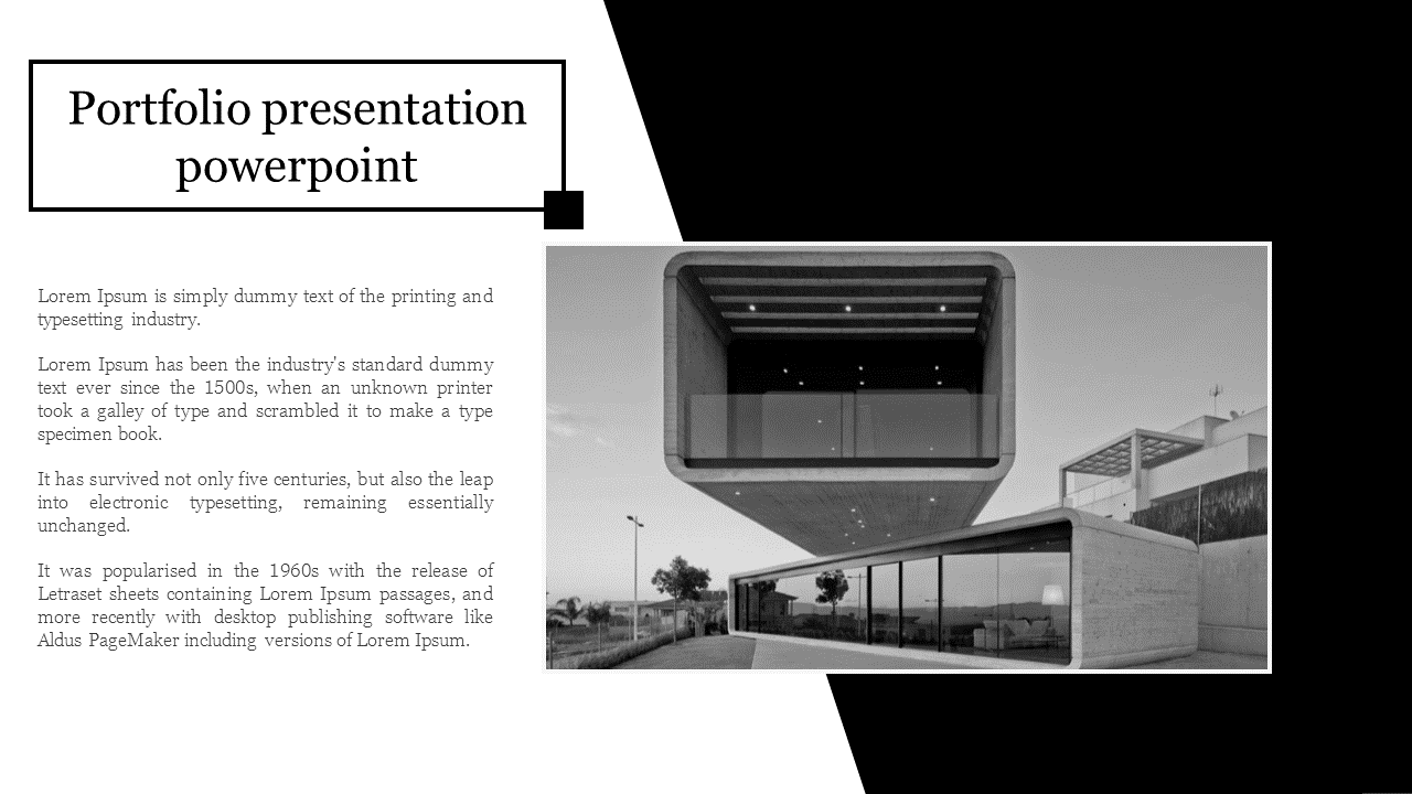 Elegant portfolio slide featuring black and white architectural image with a tite box and text on the left.