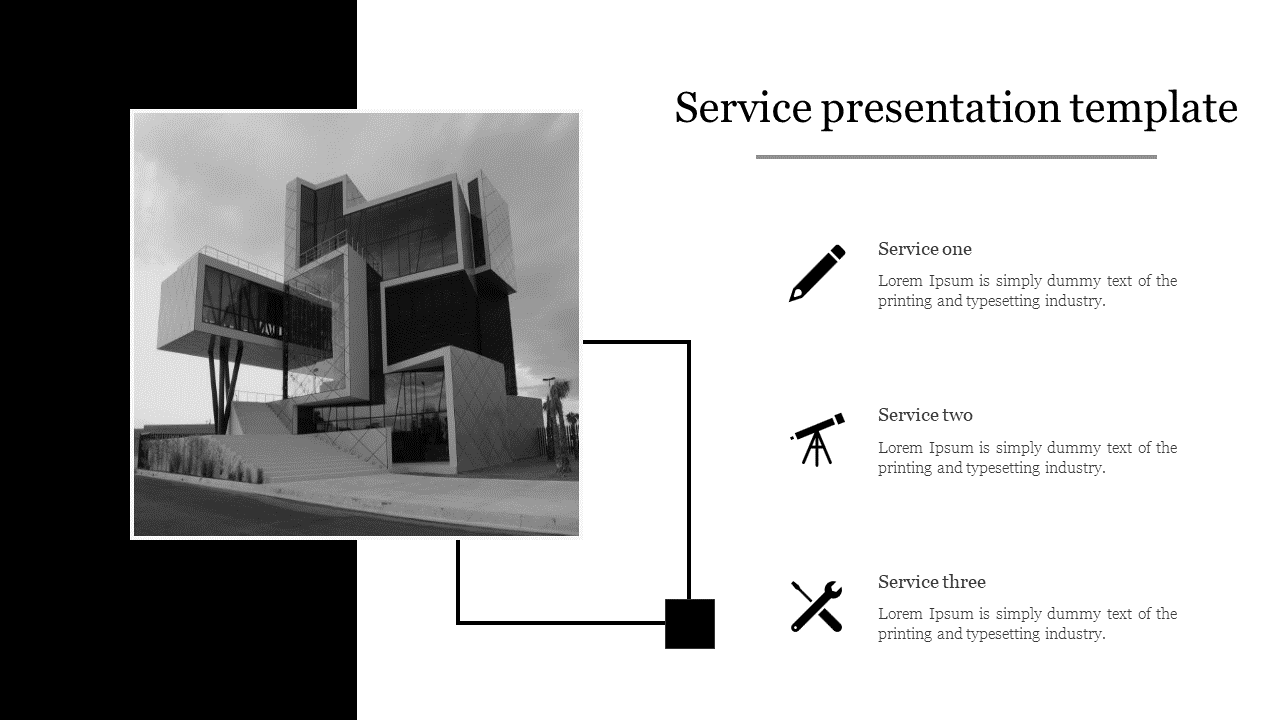 Service slide with a grayscale modern building image, three service sections with icons, and black outlined elements. 