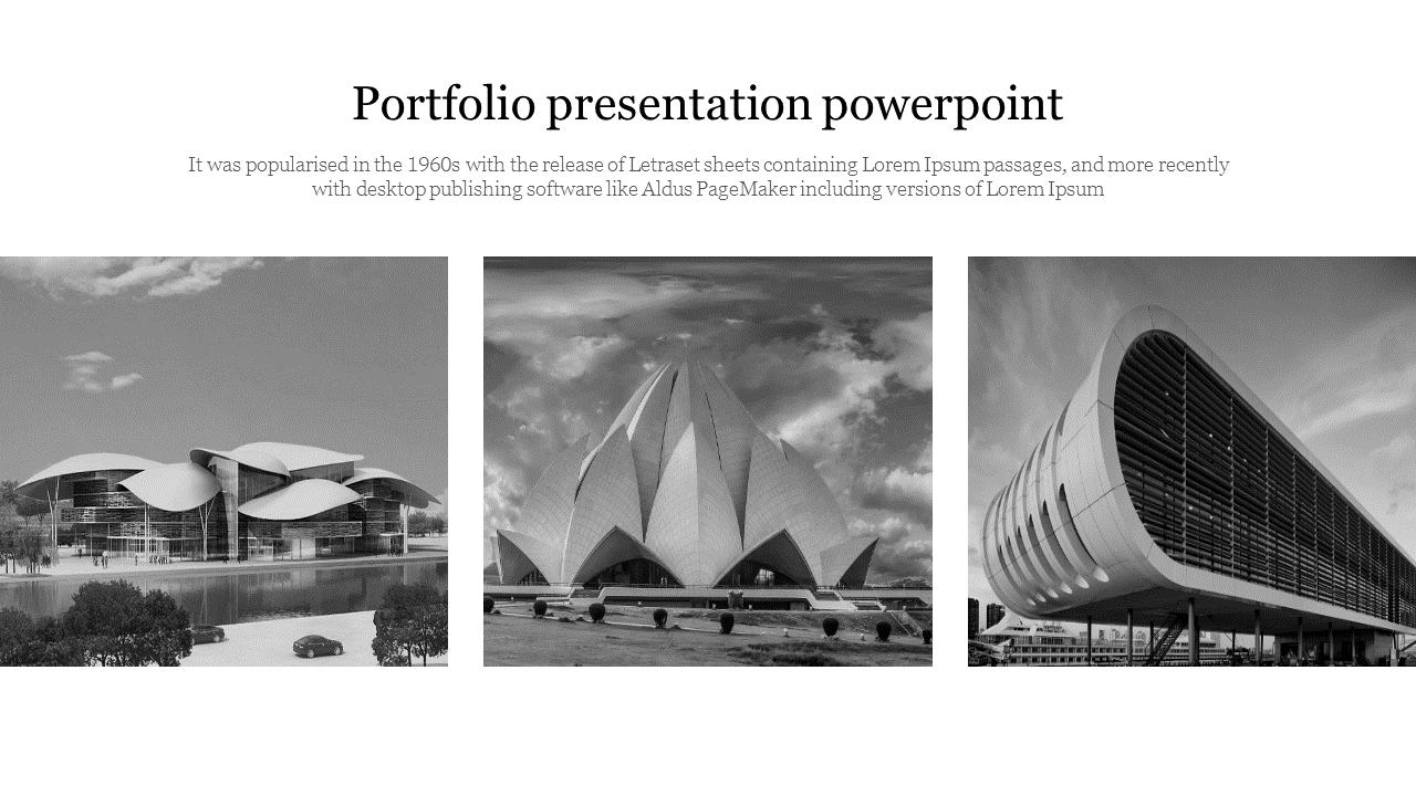 Portfolio slide with three grayscale architectural images in a row beneath the title and a brief introductory text.