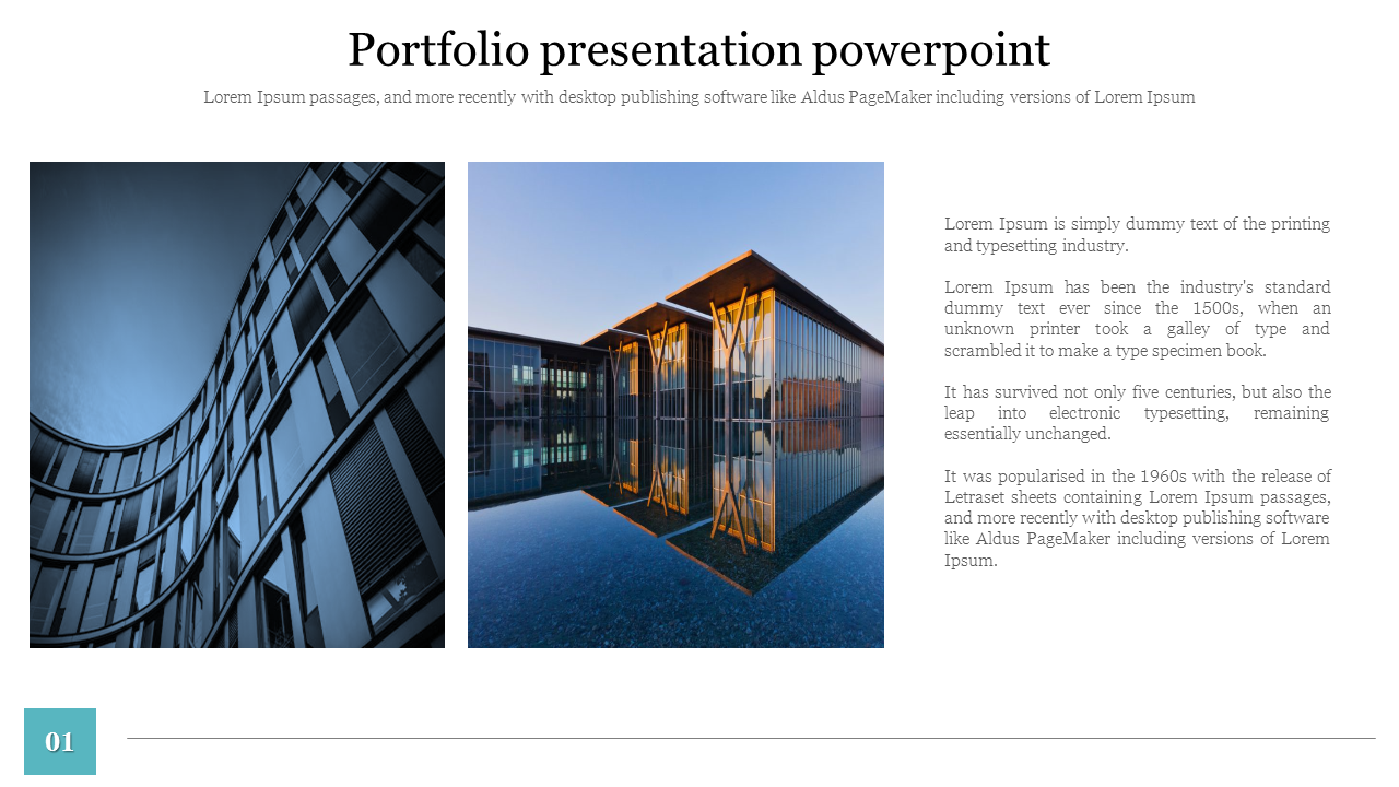 Business portfolio slide featuring two architectural images, a descriptive text section on the right, and a turquoise label. 