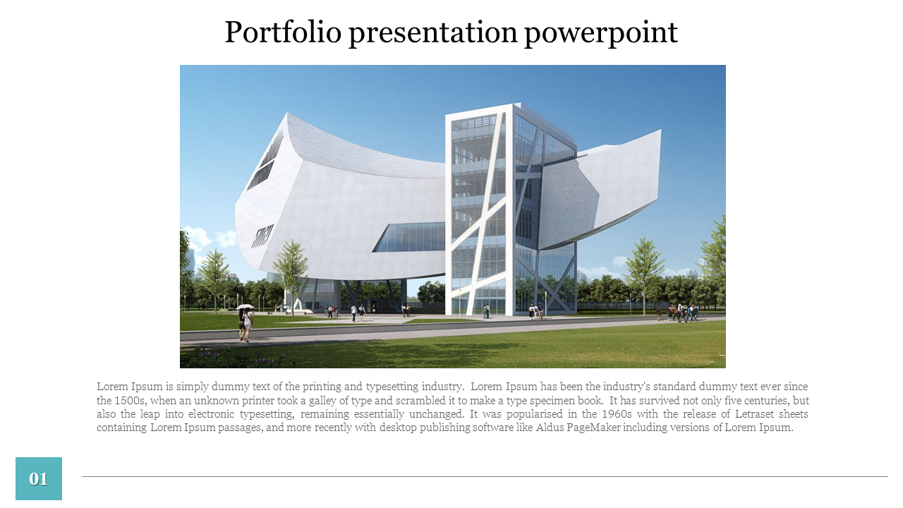 Modern architectural building with a unique, curved design with large glass panels, shown in a portfolio slide.