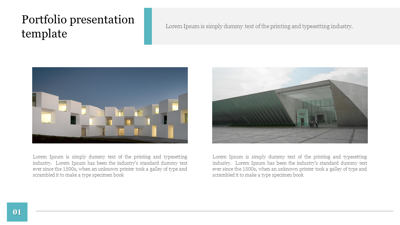 Portfolio presentation template featuring two images of modern architecture, along with placeholder text.