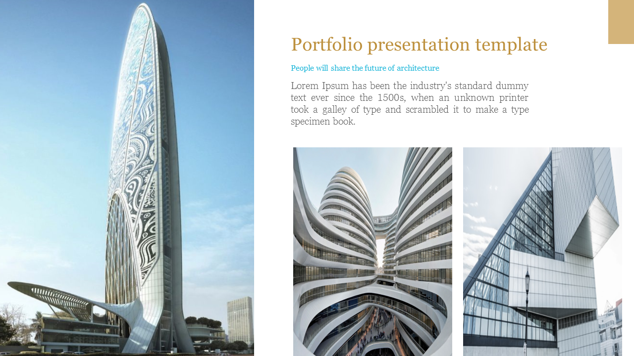 PowerPoint slide for a portfolio presentation with modern architecture images and a statement on the future of design.