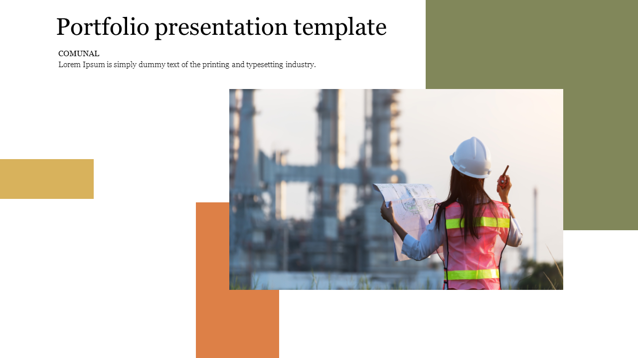 Portfolio presentation template featuring a construction worker holding a blueprint with an industrial background.