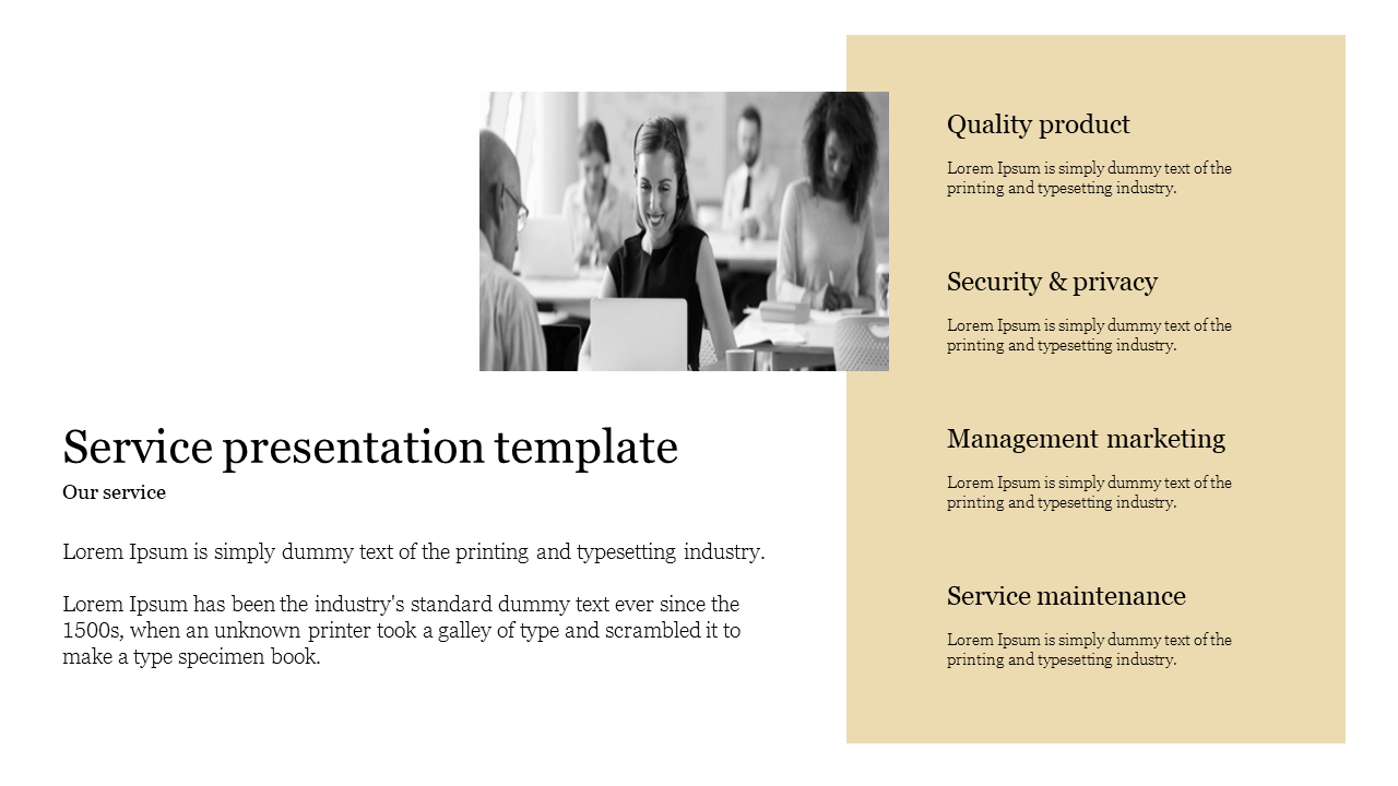 Service PowerPoint template with sections on quality products, security, management, and service maintenance.