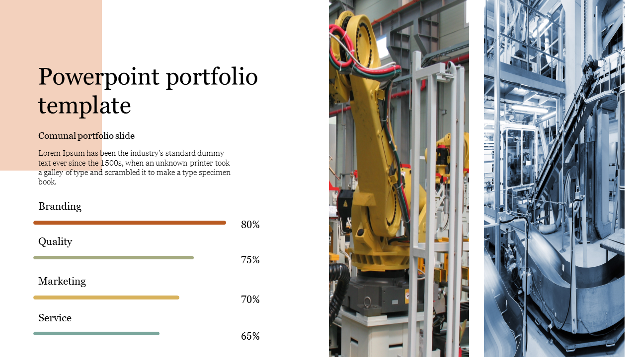 Corporate portfolio slide displaying four architectural images, a heading, and structured text sections around them.
