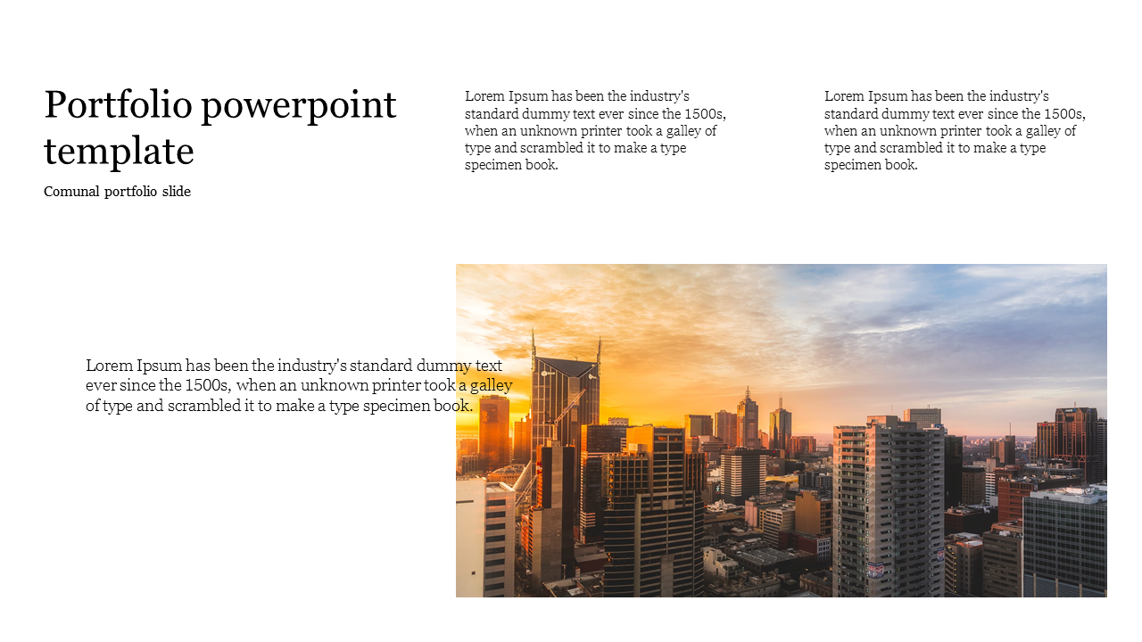 Slide with a city skyline background during sunset and placeholder text for communal portfolio details.