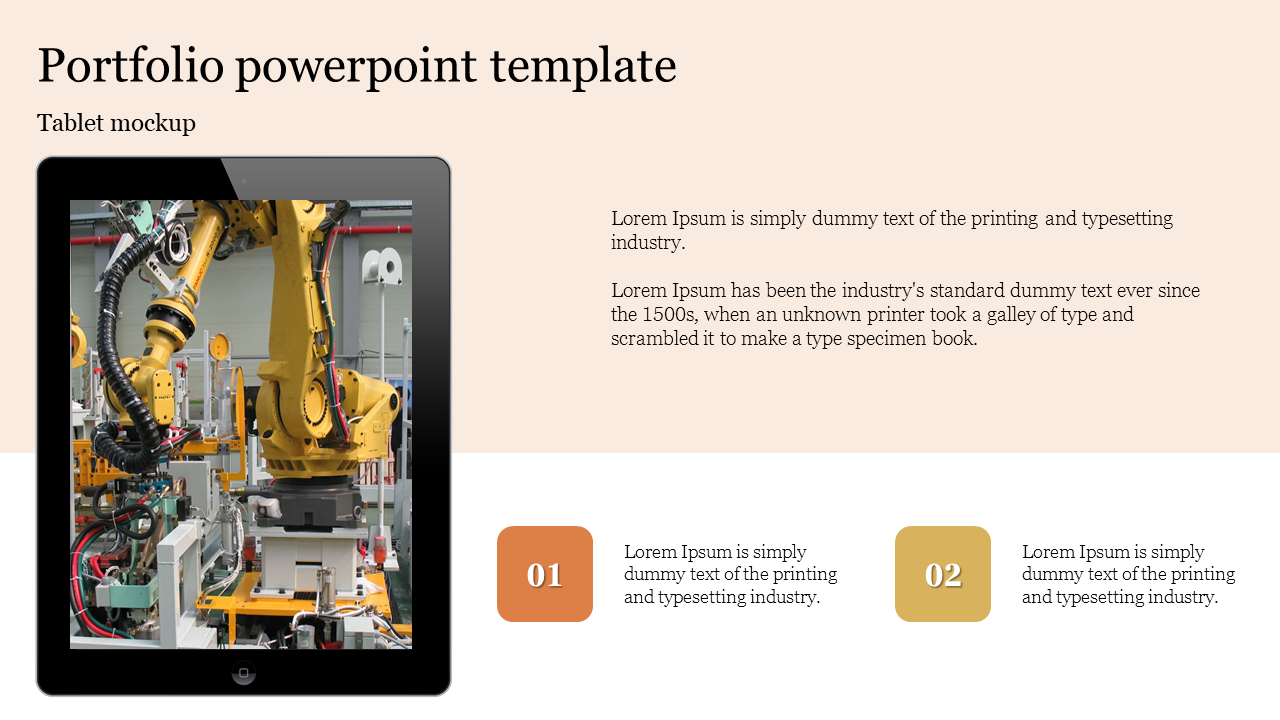 Corporate portfolio slide displaying an industrial setting with a robotic arm, a factory, and a section with progress bars.