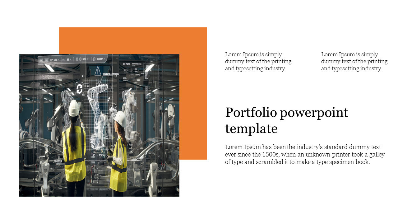 Portfolio template featuring workers inspecting robotic machines in a factory, with a bold orange accent.
