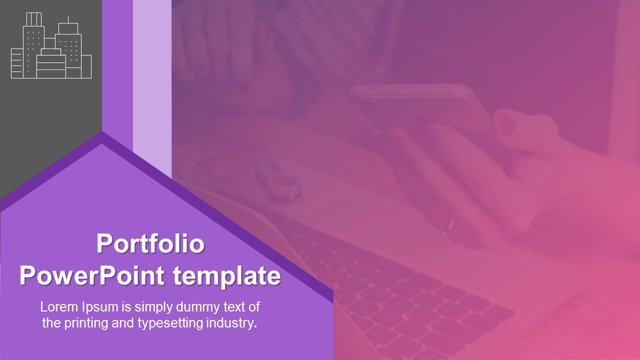 Minimalist portfolio slide featuring a purple design, a woman holding a smartphone, and a geometric text box overlay. 