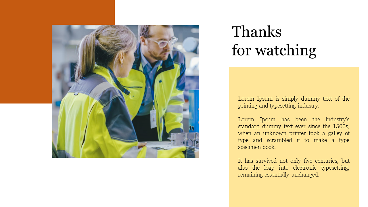 Slide featuring a photo of workers in safety gear with an orange and yellow layout, and a thank you message.
