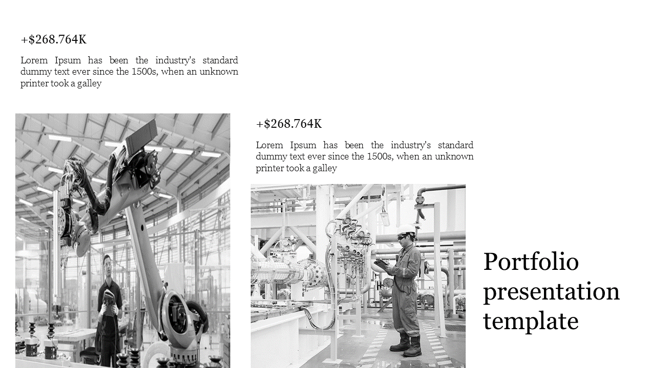 Portfolio presentation template with black and white industrial images, a robotic arm, factory workers, and financial figure.