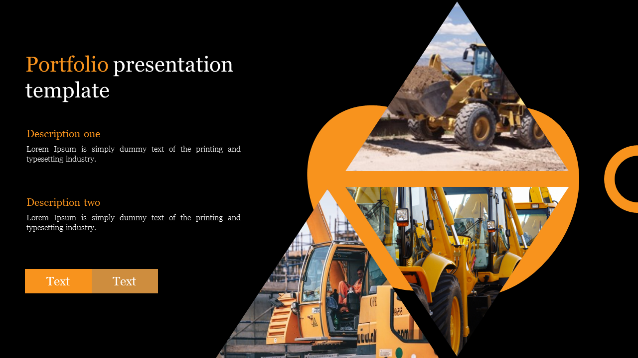 Portfolio template with two descriptions and construction equipment images arranged in triangles, on a dark backdrop.