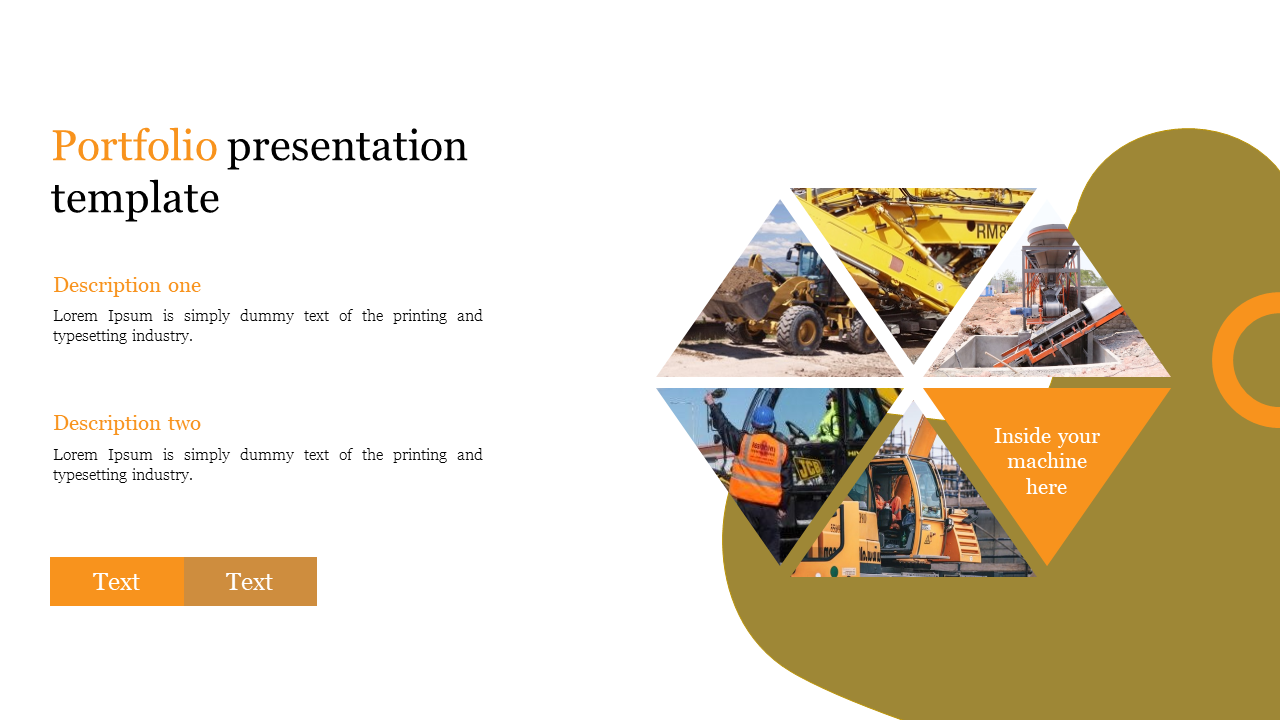 Portfolio presentation template with a series of machine photos in a triangular grid and placeholder text sections.