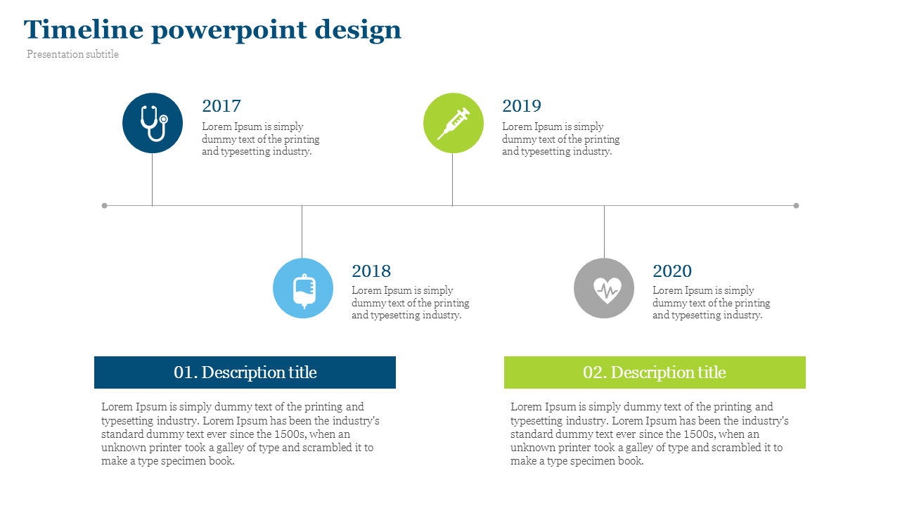 Medical timeline slide with four years from 2017 to 2020, each featuring a circular icon and two text boxes below.