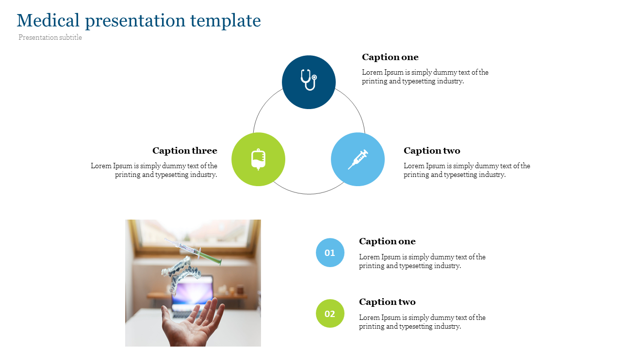 Medical PowerPoint template featuring a flowchart with icons representing healthcare, alongside floating medical tools.