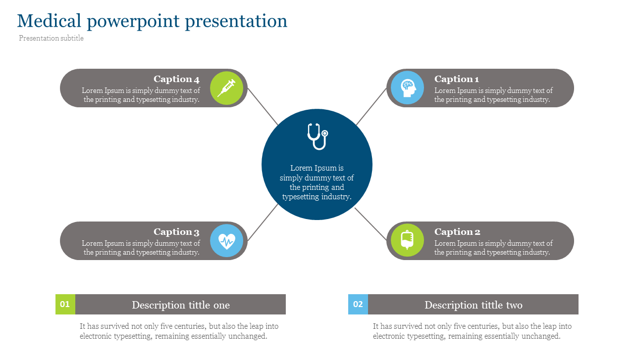 Medical PPT presentation slide with circular icons for stethoscope, syringe, heart, and blood bag, with descriptive captions.