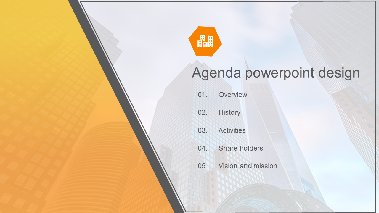 Slide with an orange gradient diagonal bar on the left, and a list of five agenda points, set on a building background.