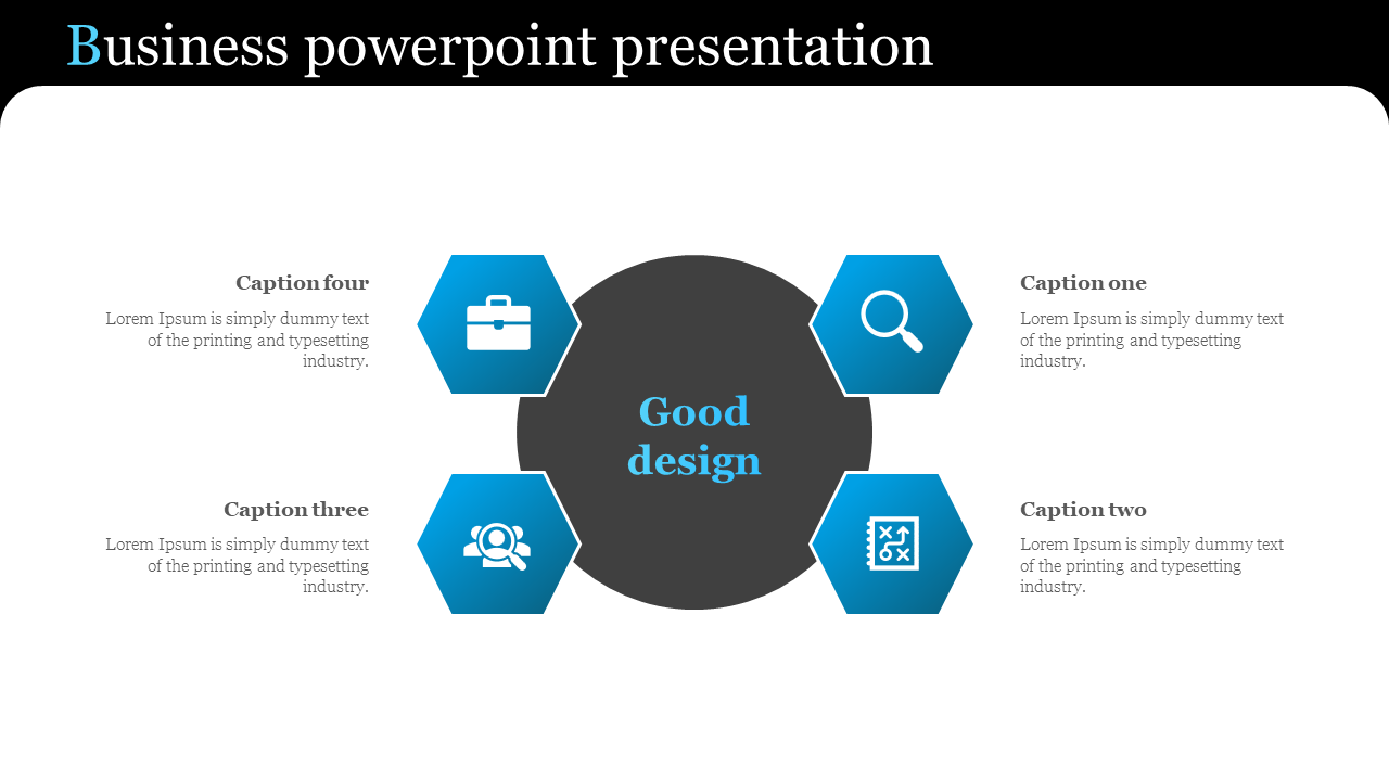 Business slide with a dark gray circle surrounded by four blue hexagons with white icons and captions.