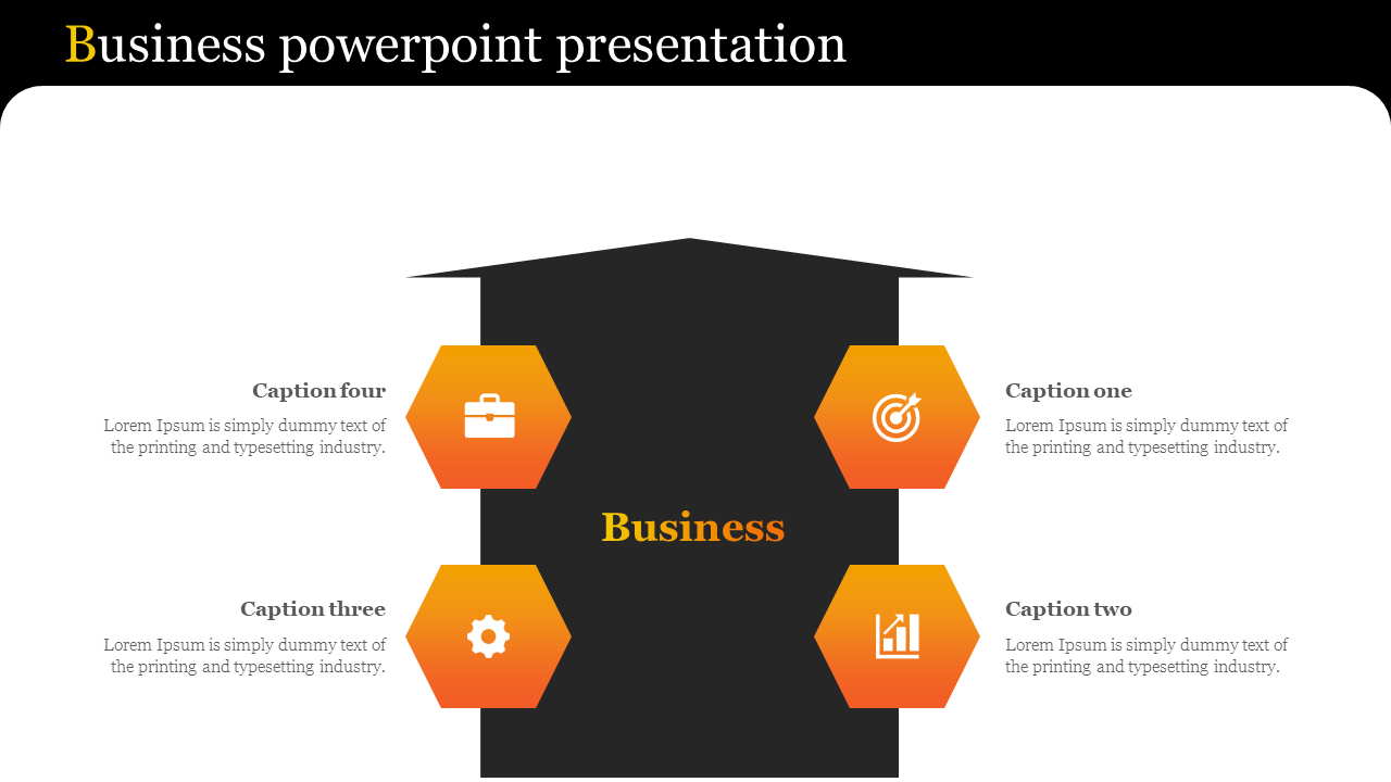 Business PPT slide featuring four hexagonal icons with captions and a central business title in an orange and black design.