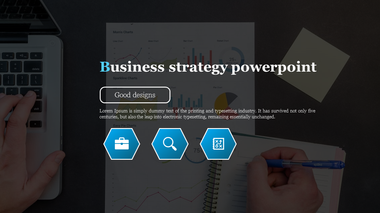 Slide with an image of hands writing and documents with charts beside, overlaid with three blue hexagons with icons.