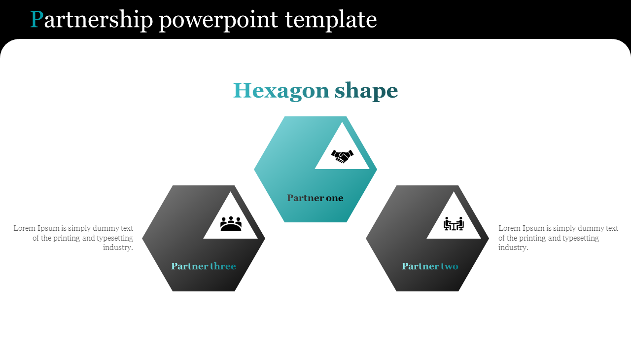 Business partnership slide featuring three hexagons with icons  handshake, meeting, and group, connected in a layout.