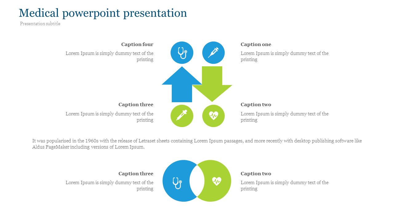 Medical presentation slide featuring arrows, medical icons, and captions with space for detailed text.