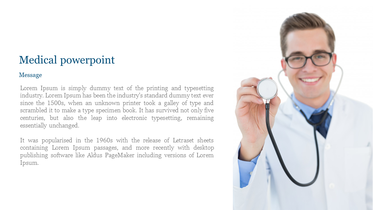 Medical slide with a doctor in a white coat holding a stethoscope on the right and a text section on the left.