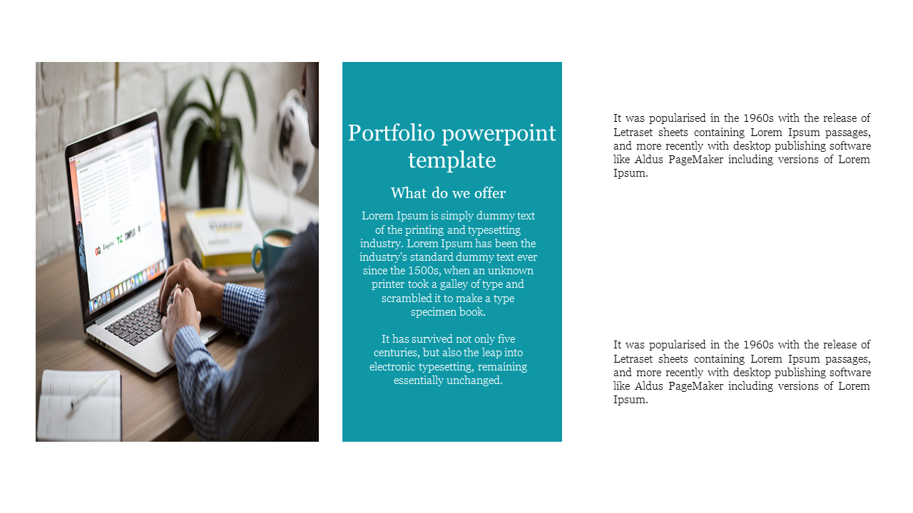 Portfolio template with a clean three section layout, a blue content area, and a professional workspace image.