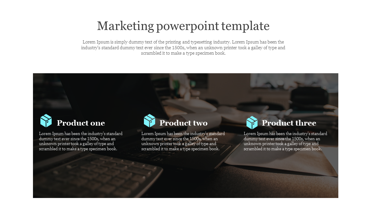 Marketing template with three product sections, light blue cube graphics, and a dark office desktop background.