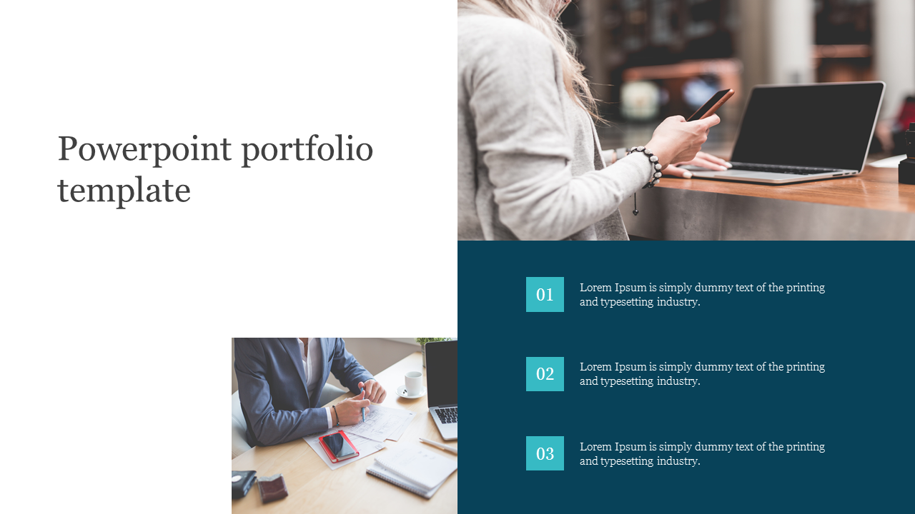 Portfolio slide with imagery of workers at wooden desks using technology, complemented by numbered teal content sections.