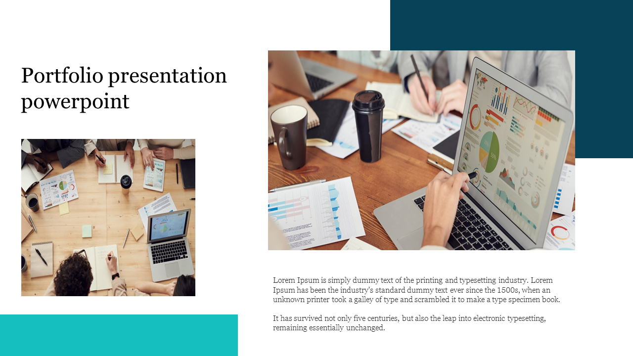Portfolio PowerPoint slide showing a business meeting with charts and graphs on laptops and a desk covered in documents.