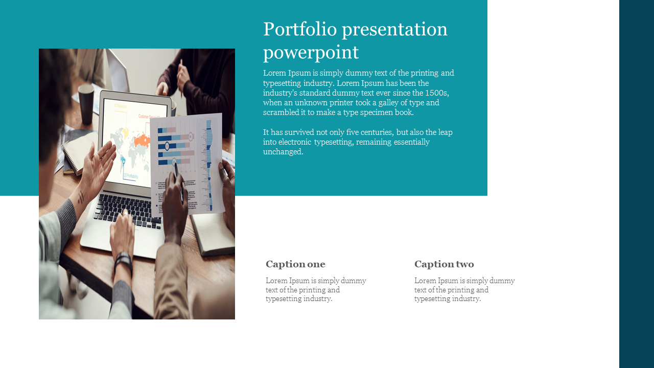Business portfolio template with teal header and team analyzing data charts and world map on laptop in left image panel.