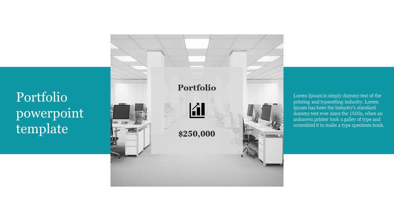 Portfolio slide with an office interior, featuring financial value display, and teal descriptive text box on both sides.